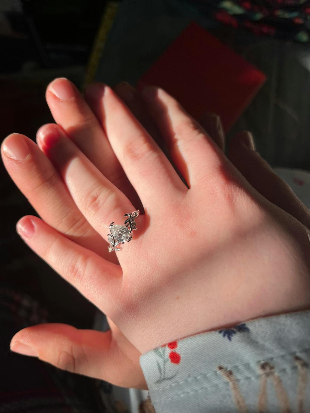 Vintage pear IGI Lab grown diamond engagement ring solid 14k yellow gold leaf branch five stone nature inspired promise bridal ring set women