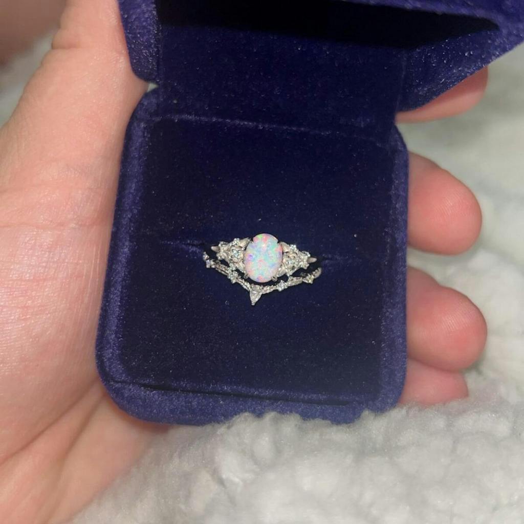 Vintage oval white opal engagement ring solid 14k rose gold leaf floral nature inspired diamond ring women unique bridal wedding ring set