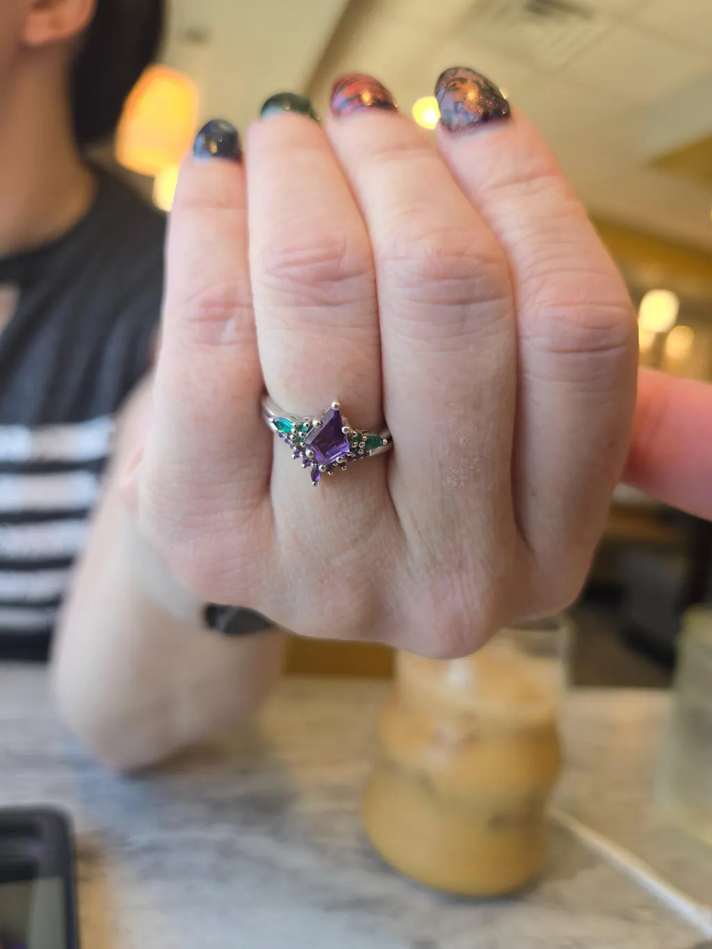kite cut amethyst emerald engagement ring set solid 14k white gold stacking bridal ring set women gift