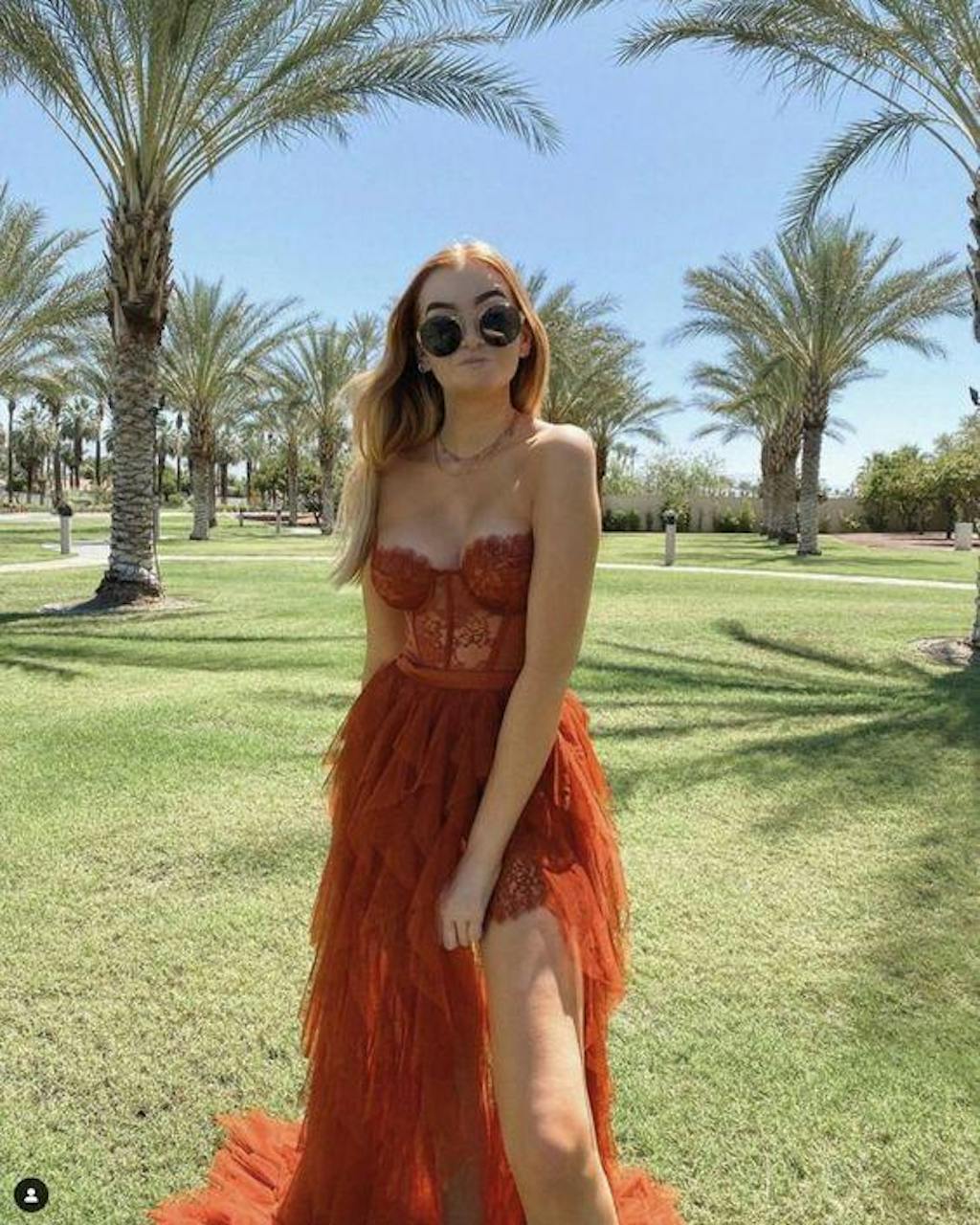 Rust Strapless Lace Sweetheart Thousand Layers Tulle Slits A-line Evening Gowns Prom Dresses, WGP224