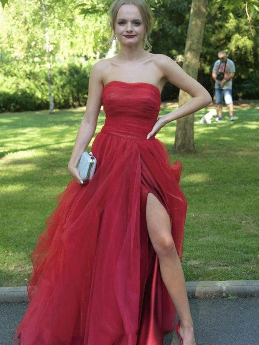 Red Strapless Pleats Tulle Multilayer A-line Slits Evening Gowns Prom Dresses, WGP207