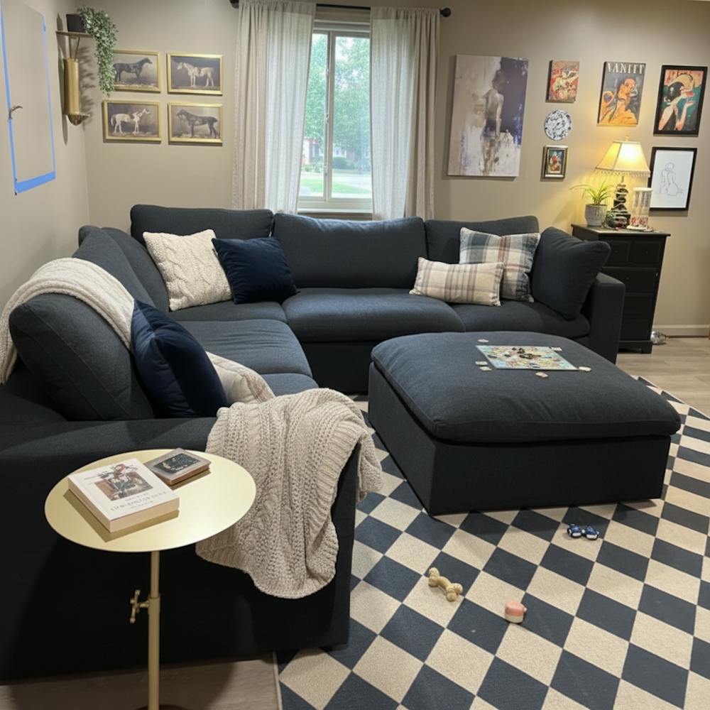 Deluxe Premium Cloud Sectional Sofas | 8-Piece Cotton and Linen Black Sofa Sets 160" Removable & Washable Covers 6-seater