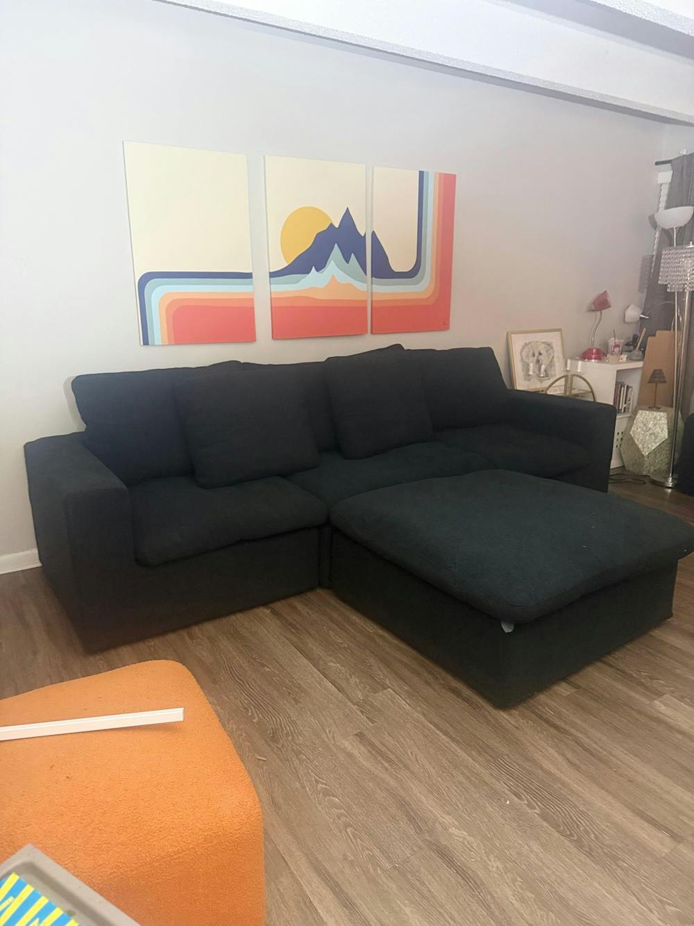 Deluxe Slope Cloud Sectional Sofas | 4-Piece Linen Black Couch Sectionals 120" Adjustable Backrest Pillows 3-seater