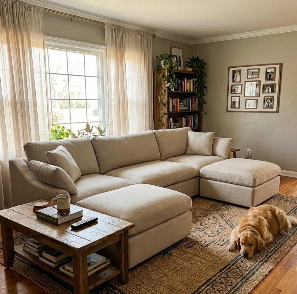 Deluxe Slope Cloud Sectional Sofas | 5-Piece Linen Khaki U-Shaped Sectionals 3-Seater With 2 Ottomans