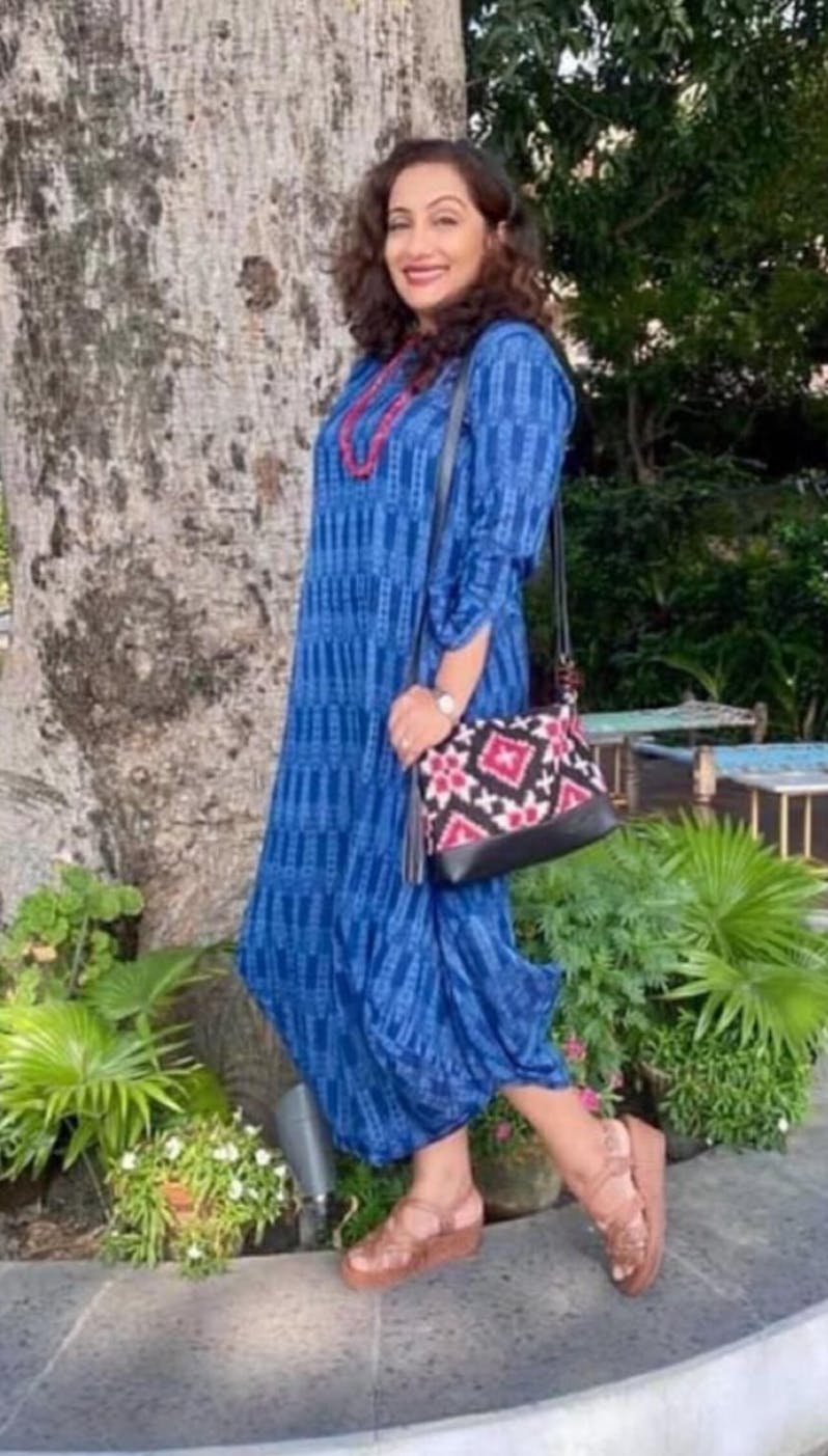 Blue handwoven ikat cowl dress
