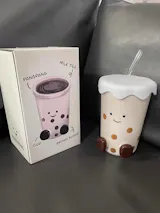 Cute Footed Ceramic Straw Mug with Lid - 450ML