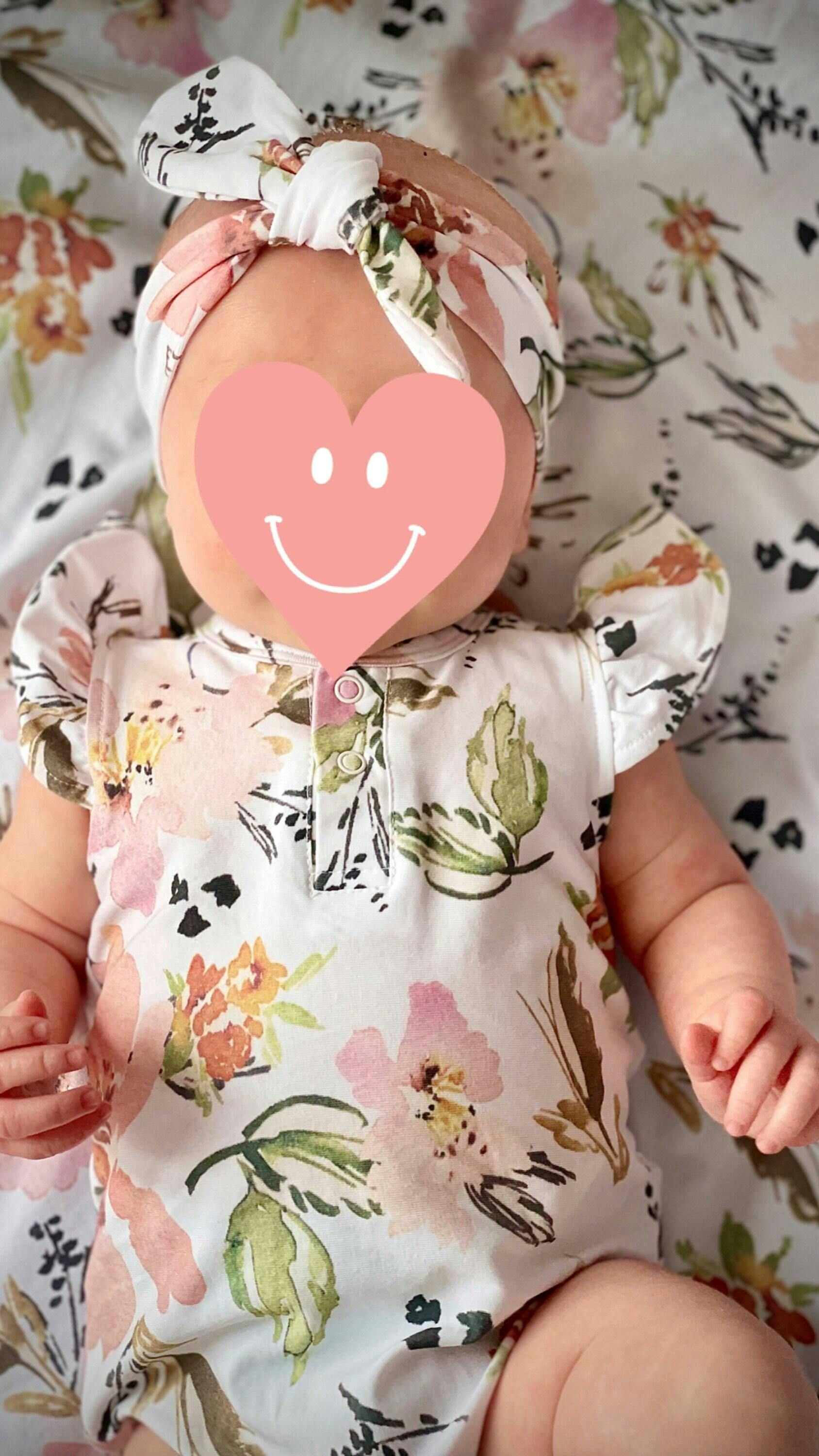 Baby Girl Short Frill Sleeve Bodysuit Cute Pink Floral Design Minky