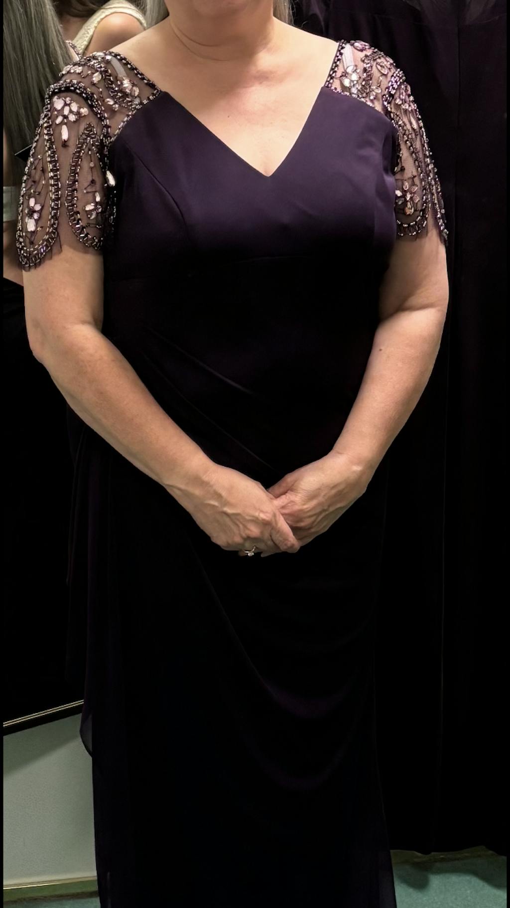 Petite "Lana" Long V-Neck Beaded Flutter Sleeve Dress