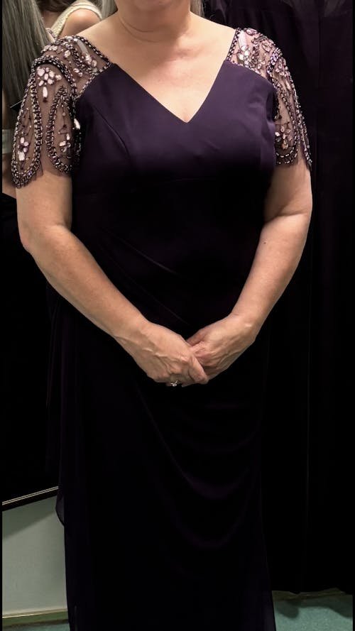 Petite "Lana" Long V-Neck Beaded Flutter Sleeve Dress