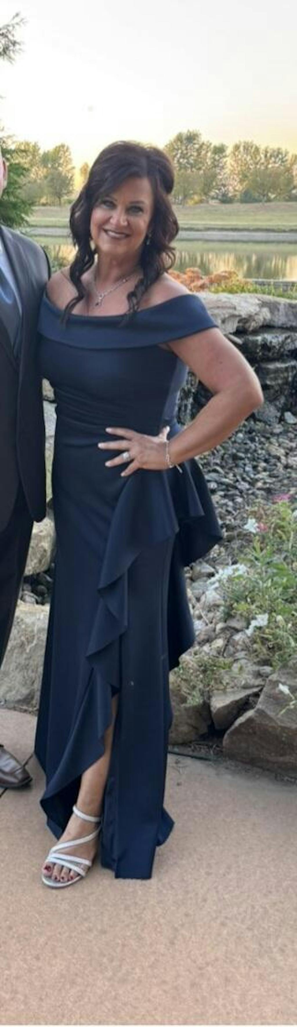 "Dolly" Techno Scuba Off the Shoulder Ruffle Floor Length Dress