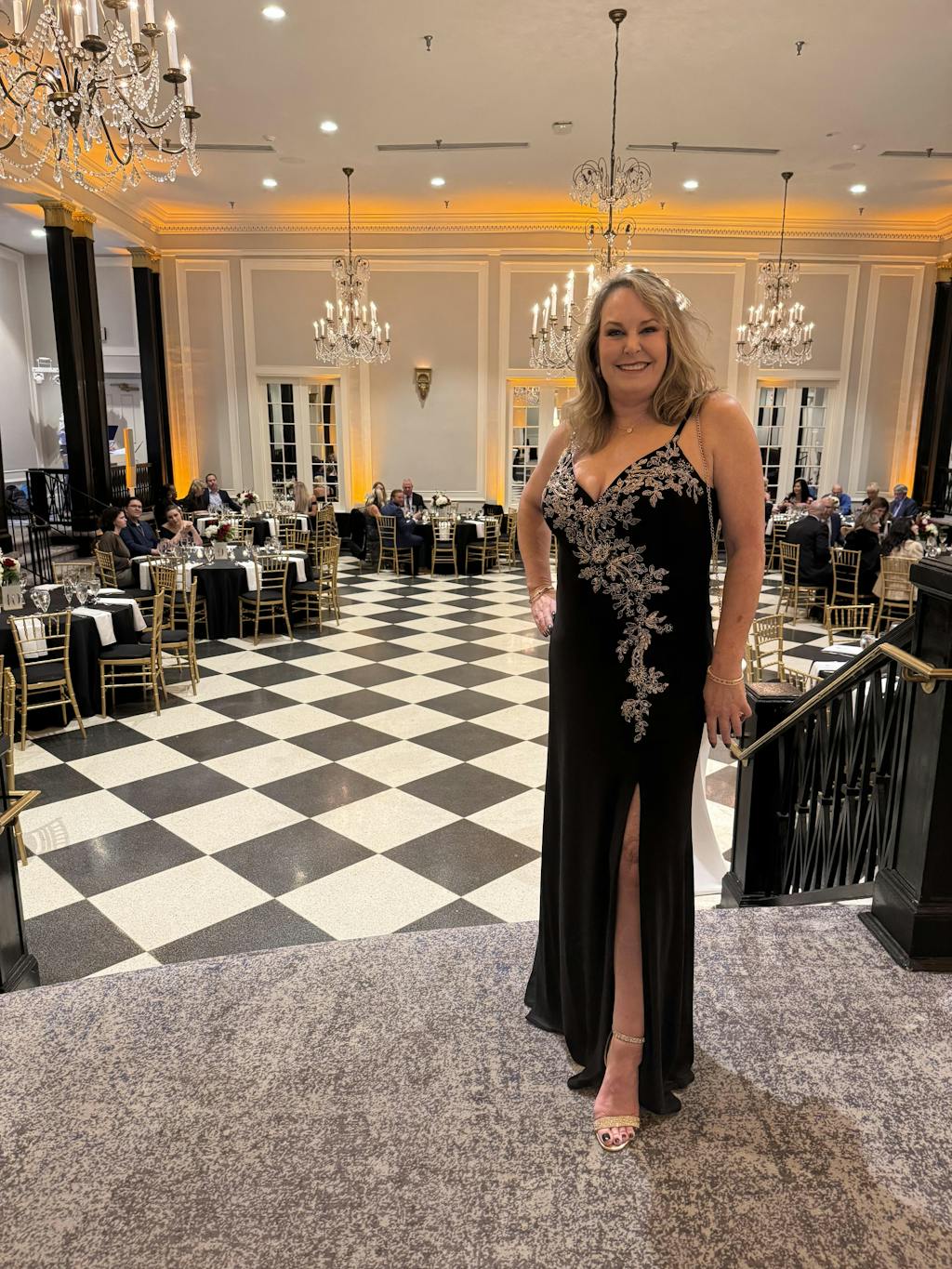 "Rina" Jersey Knit Spaghetti Strap Applique Floor Length Dress