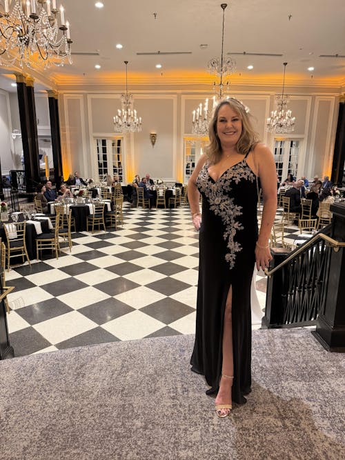 "Rina" Jersey Knit Spaghetti Strap Applique Floor Length Dress