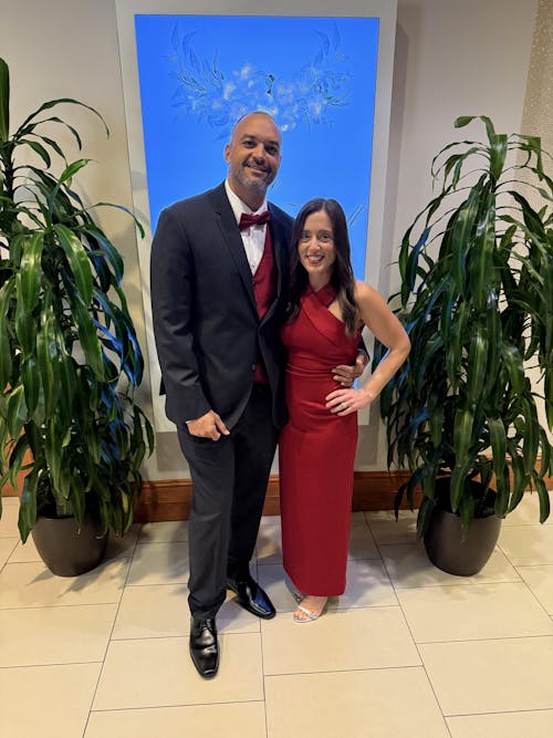 Petite "Noelle" Techno Scuba Cross Neck Floor Length Dress