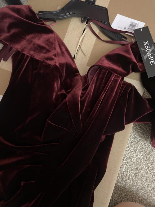 Petite "Charmaine" Long Off the Shoulder Velvet Gown