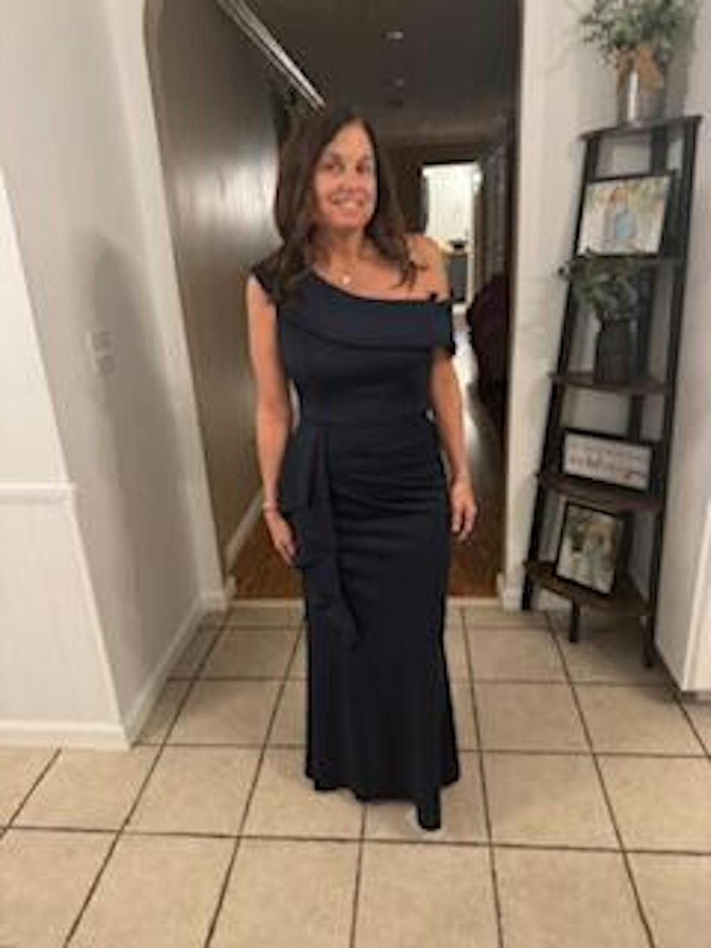 Petite "Valerie" Techno Scuba Off the Shoulder Ruffle Floor Length Dress