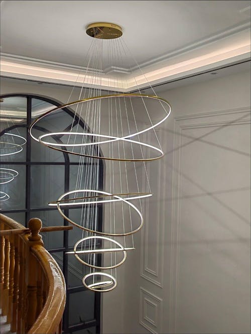 Aura Gold Ring LED Staircase Chandelier for Tall Foyers & Stairwells