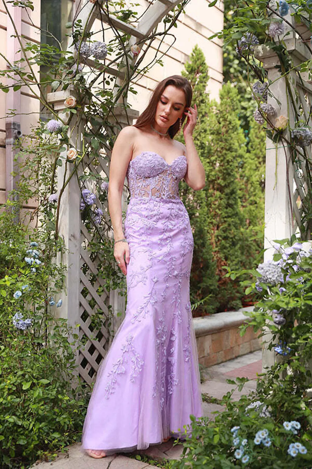 Lilac Sweetheart Tulle Appliques Mermaid Long Formal Party Dress, DP3808 main image 1