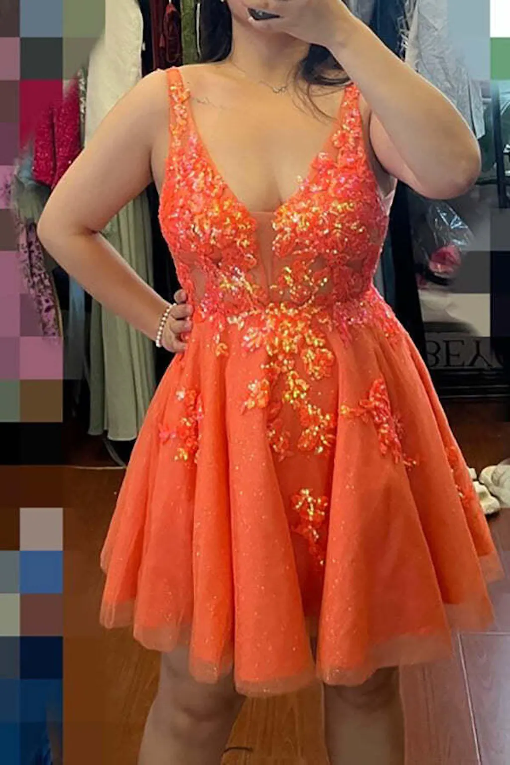 Glitter Orange Sequins Sheath Backless Homecoming Dress V Neck Cocktail Dress