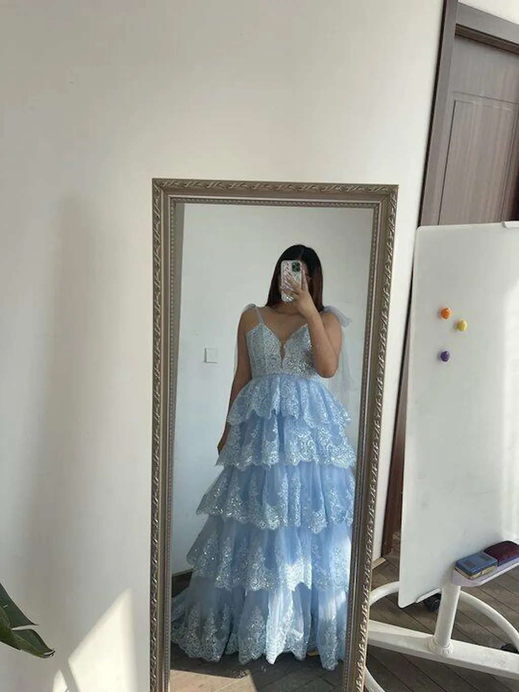 Tiered Tulle Sweetheart Bow Tie Straps Blue Sequin Prom Dress with Appliques