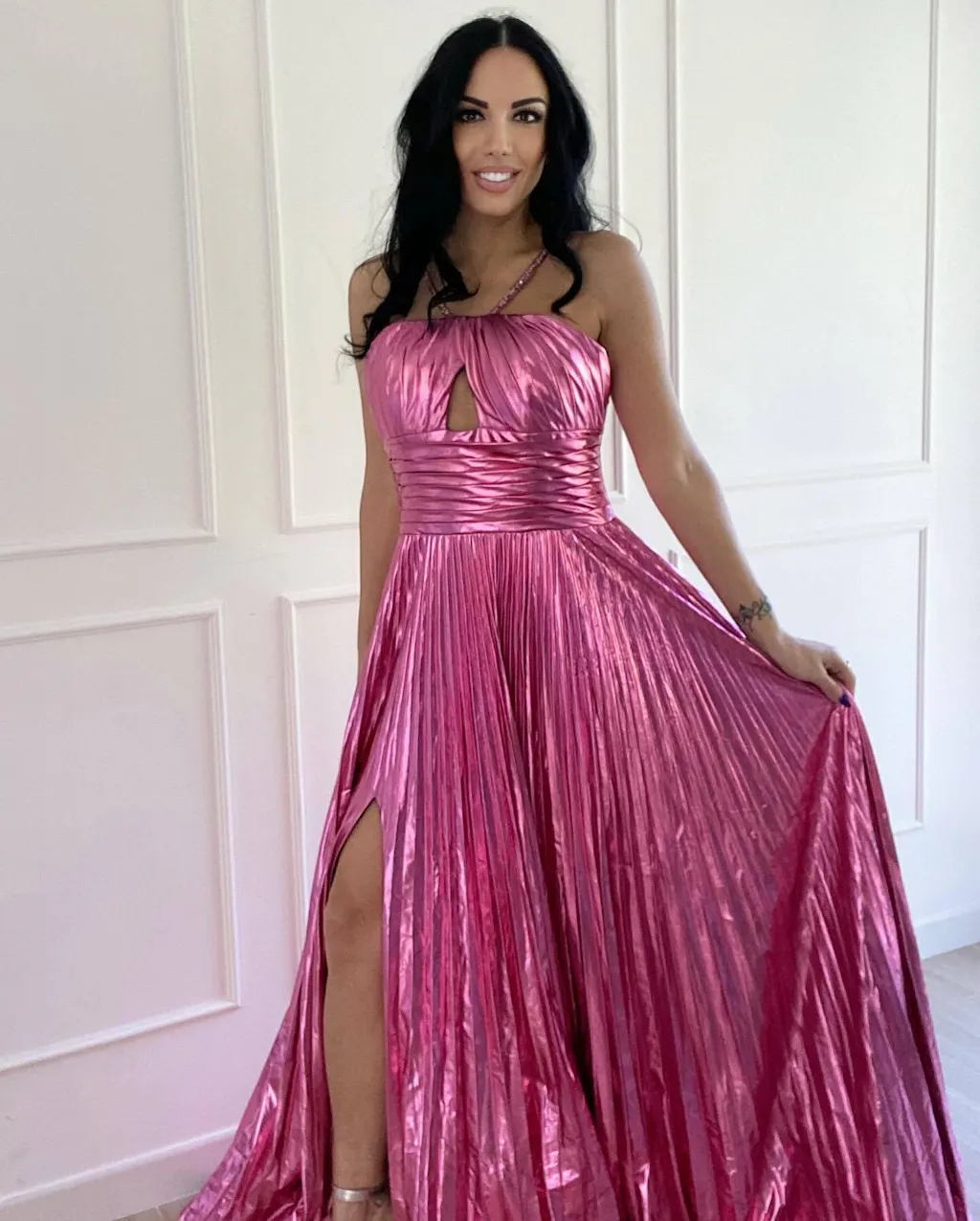 Spaghetti Straps A-line Long Dress With Slit Fuchsia