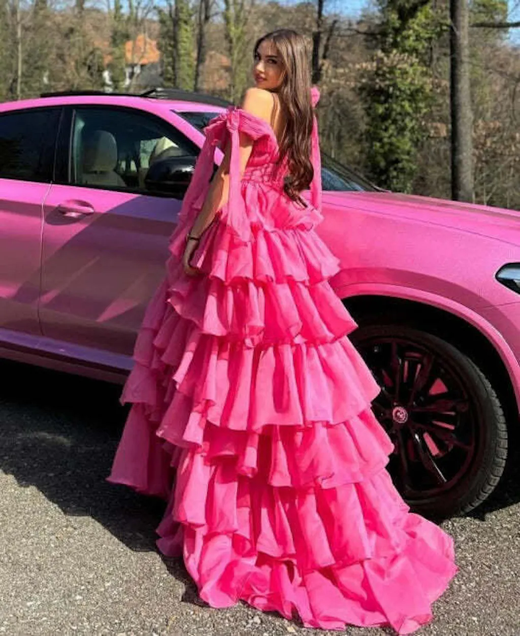V-neck Cap Sleeves Pleated Floor-length Dress Fuchsia