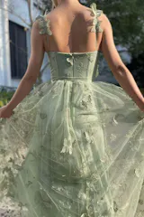 A line Green Corset Long Tulle Prom Dress With 3D Butterflies P1843 main image 1