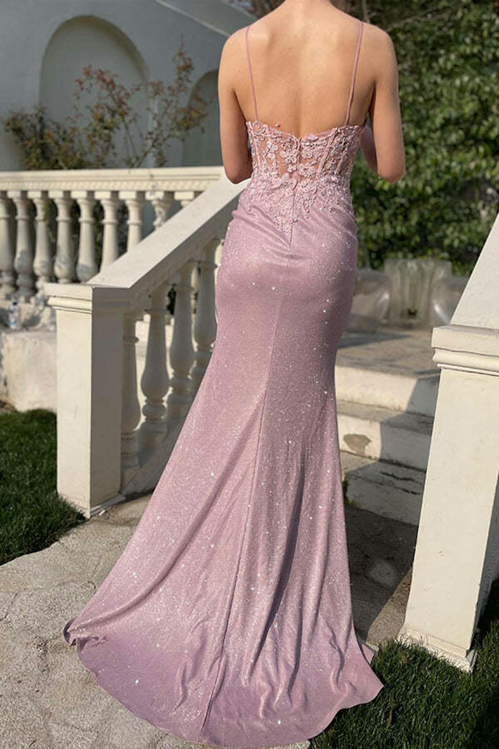 Zapakasa Women Glitter Blush Prom Dress Mermaid Spaghetti Straps Long Party Dress With Beading 9410