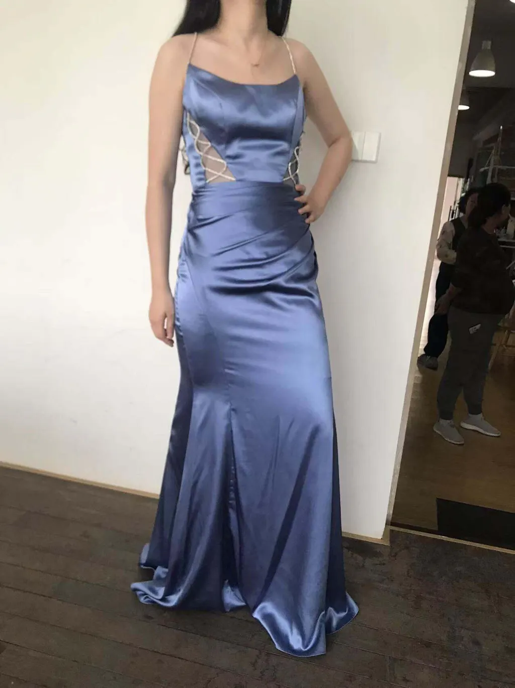 Mermaid Grey Blue Satin Spaghetti Straps Pleated Maxi Dress main image 0