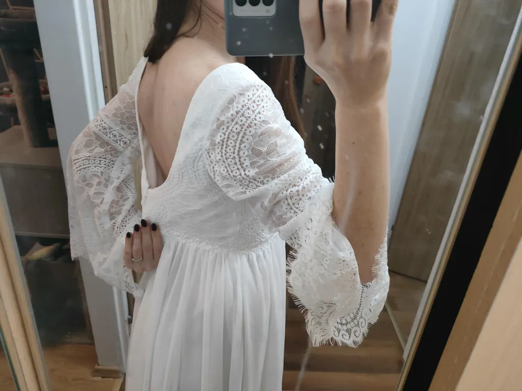 Ivory Lace Chiffon Trumpet Sleeve Boho Wedding Dress