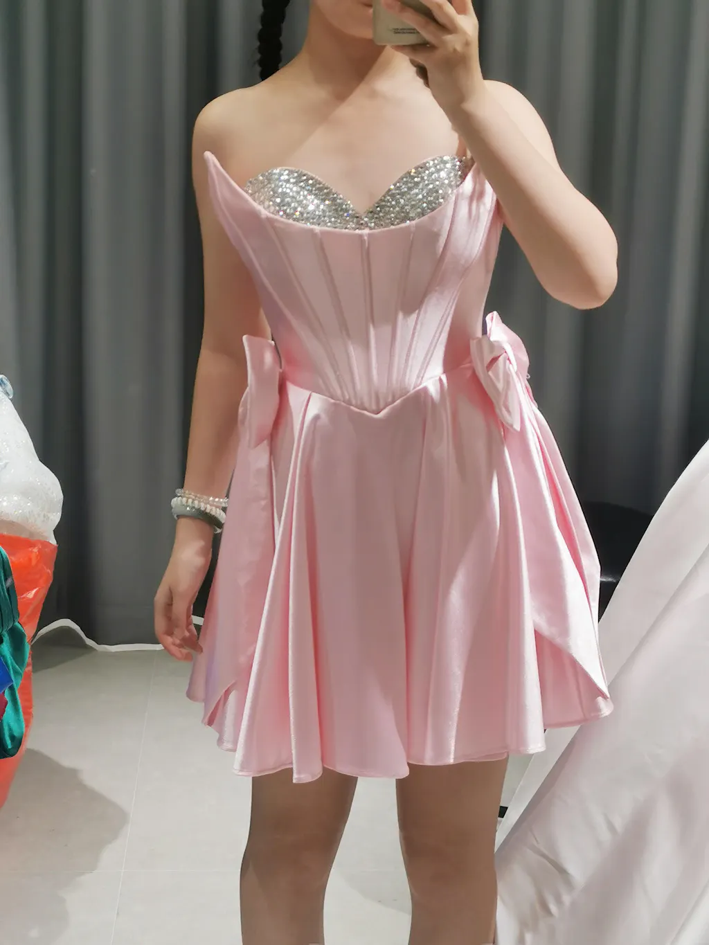 Pink A Line Strapless Corset Beaded Homecoming Dress with Bows