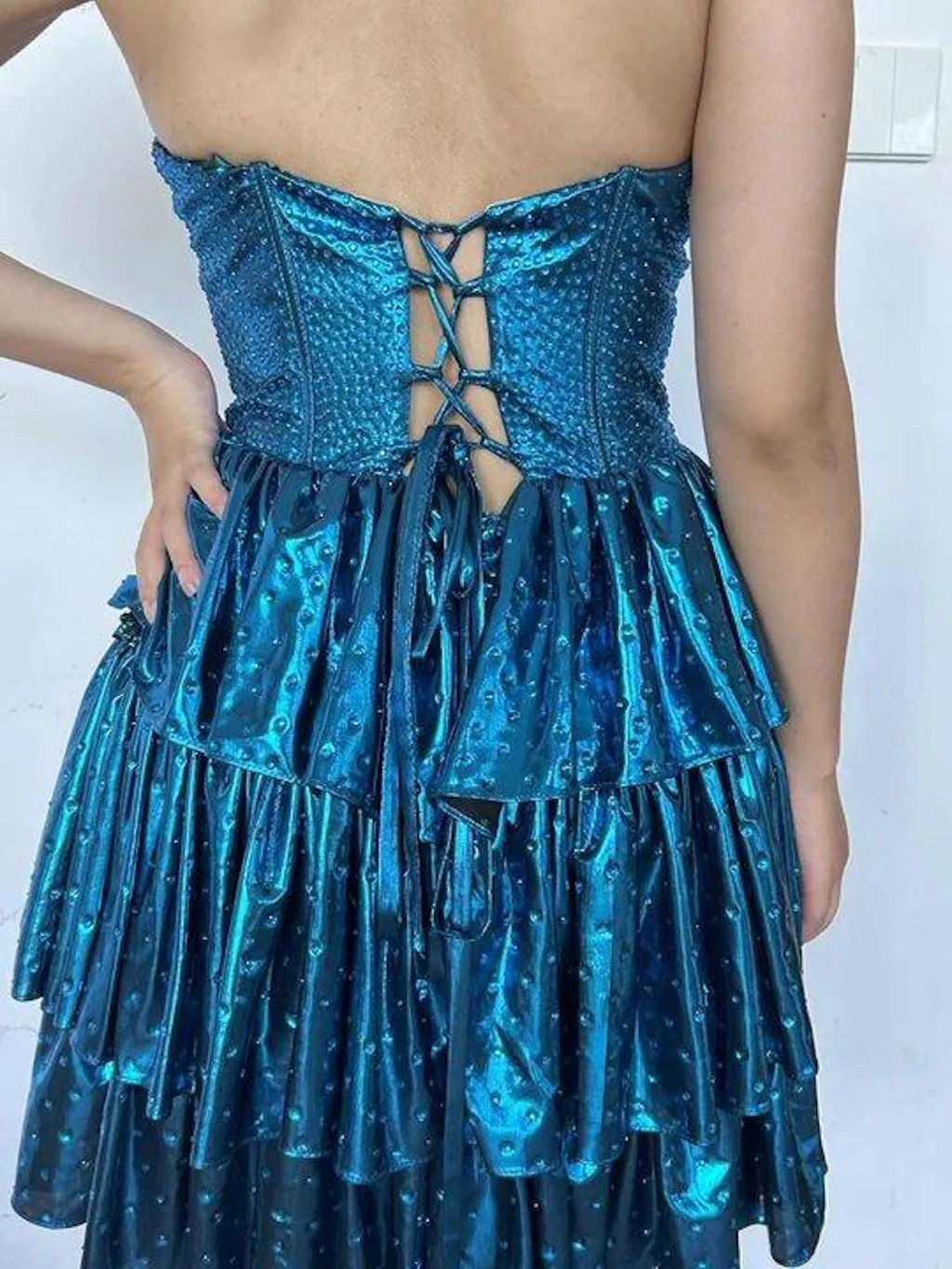Peacock Blue Short Corset Homecoming Dress with Appliques PD513