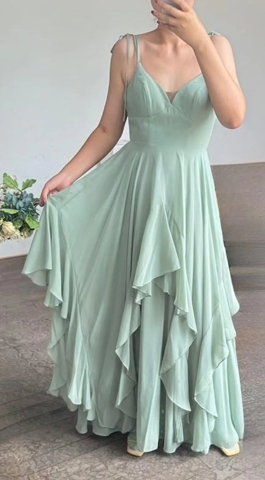 Matcha A-line V-Neck Spaghetti Straps Long Chiffon Junior Bridesmaid Dress main image 1
