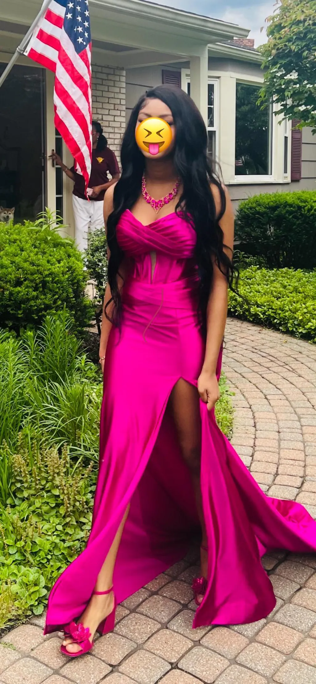 Sparkly Fuchsia Metallic Strapless Prom Dress with Slit