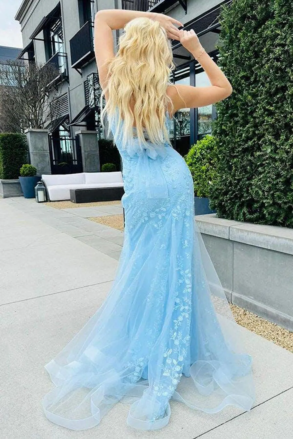Sparkly Light Blue Beaded Mermaid Long Prom Dress