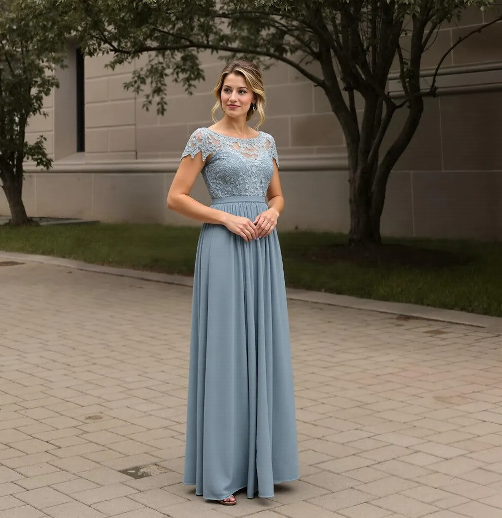 Cicinia Dusty Blue Mother Of The Bride Dress Long Chiffon Lace A-line High Low Hemline Half Sleeves