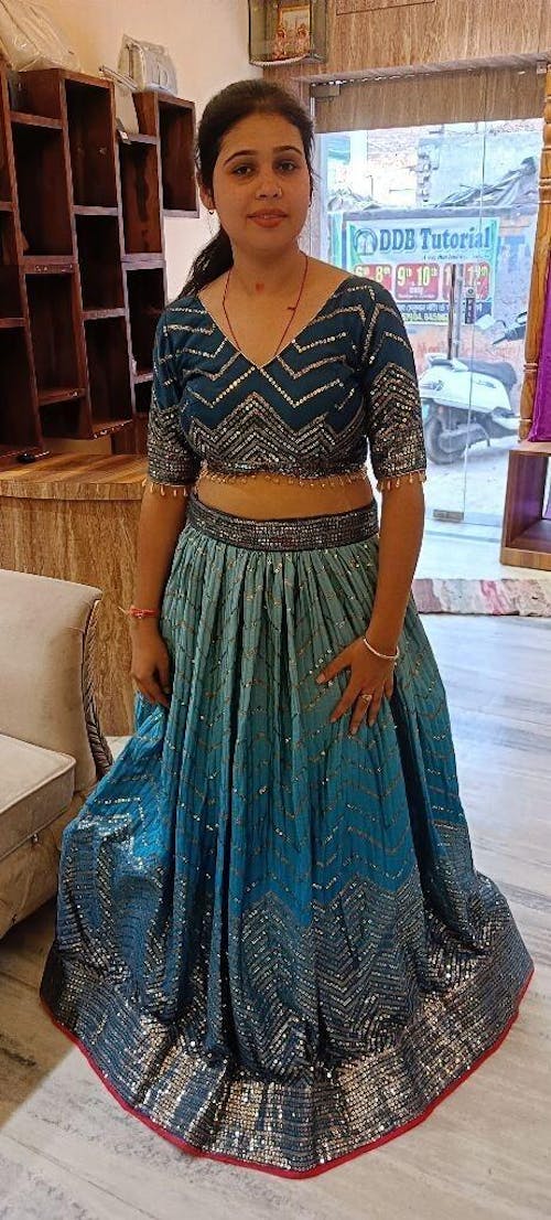 Awesome Teal Blue Sequins Chinon Sangeet Wear Lehenga Choli With Dupatta