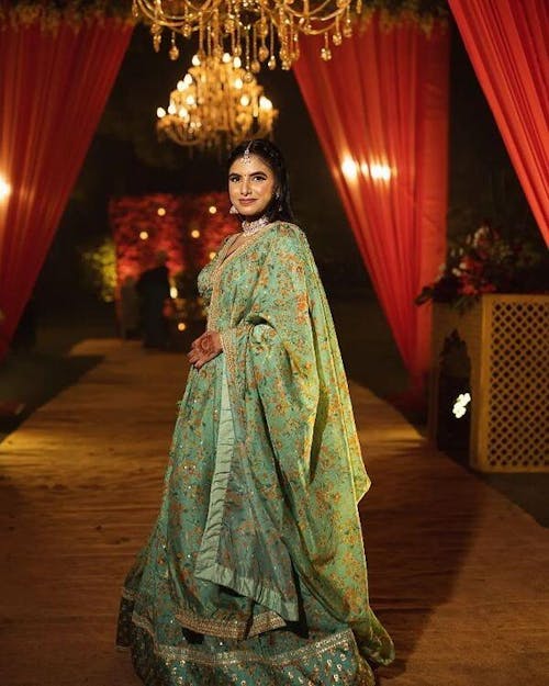 Attractive Green Floral Printed Organza Mehendi Wear Lehenga Choli