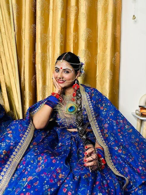 Beautiful Blue Digital Printed Organza Reception Wear Lehenga Choli