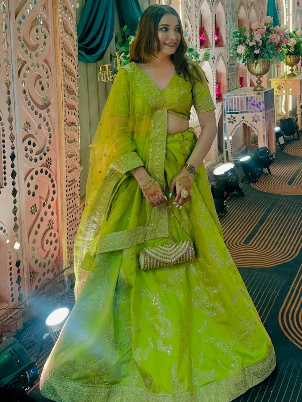 Awesome Neon Green Thread Embroidery Art Silk Wedding Lehenga Choli