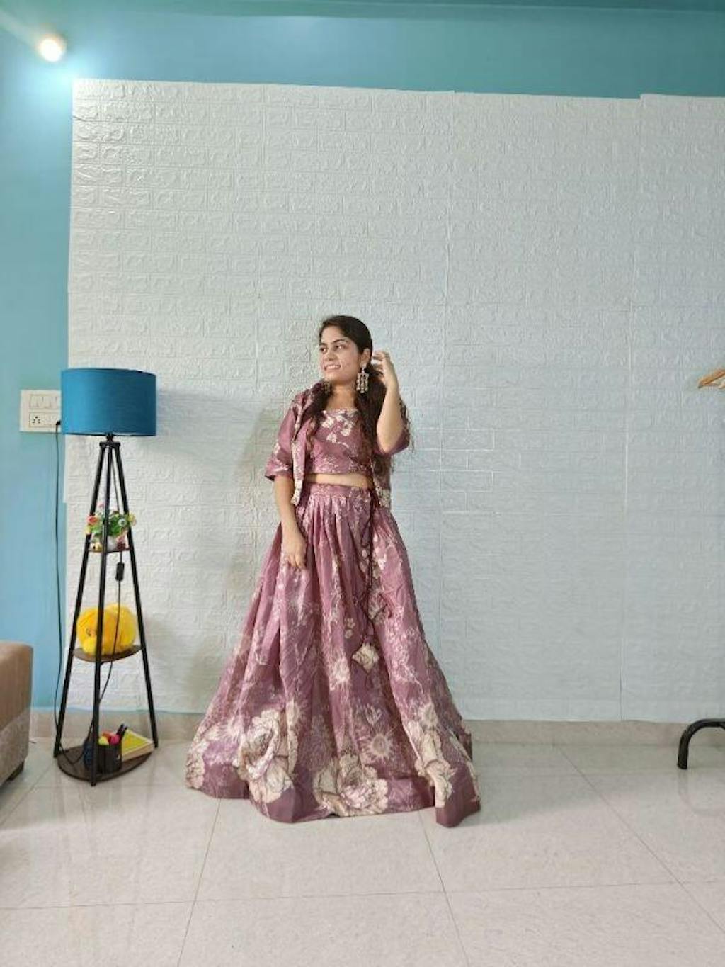 Elegant Mauve Floral Printed Silk Designer Crop Top Lehenga With Jacket