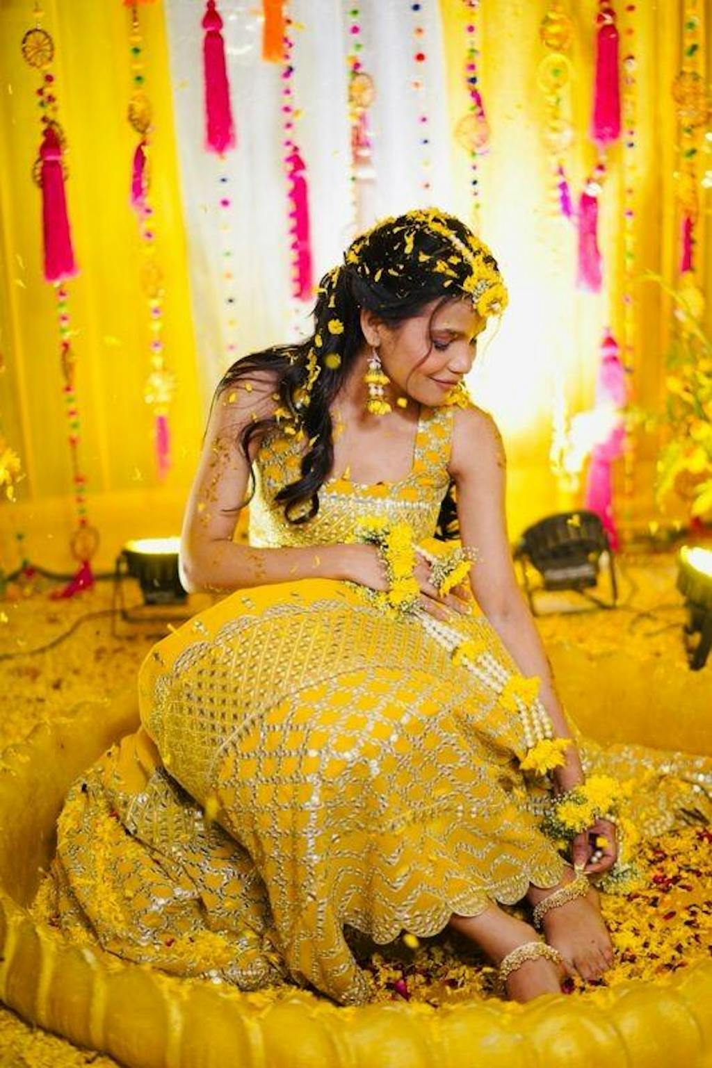 Mesmerizing Yellow Sequins Georgette Haldi Wear Lehenga Choli
