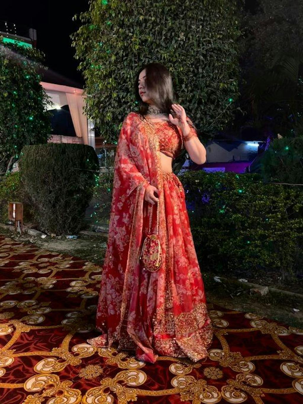 Lovely Red Floral Printed Organza Wedding Lehenga Choli With Dupatta