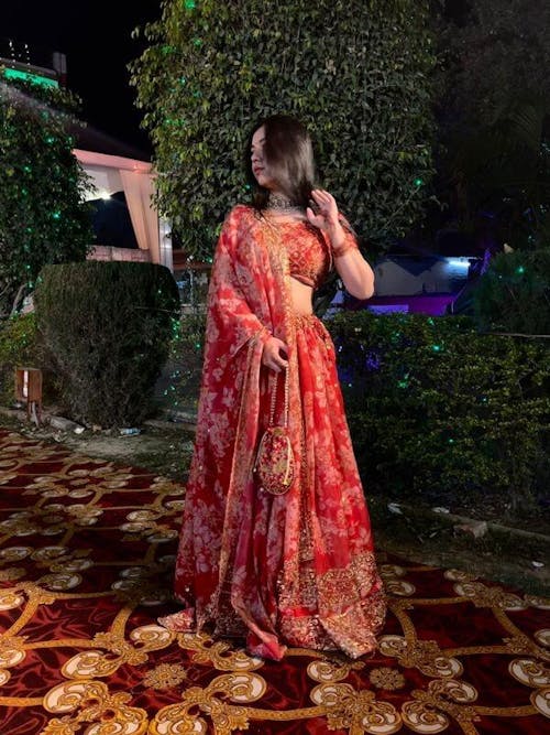 Lovely Red Floral Printed Organza Wedding Lehenga Choli With Dupatta