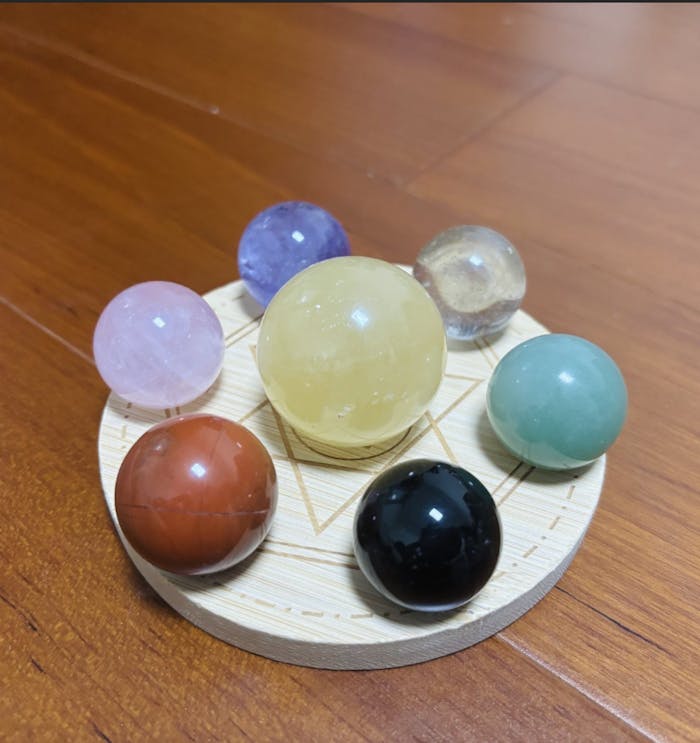 Seven Chakra Crystal Sphere Set with Base