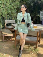 Green Slim Casual Skirt Suit Set